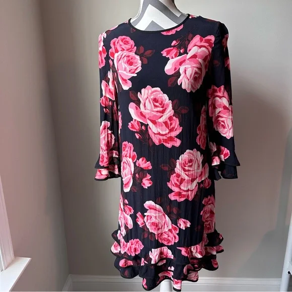 Kate Spade Rosa Ruffle Mini Shift Dress Small Pink Rambling Roses Wedding Guest - Picture 2 of 4